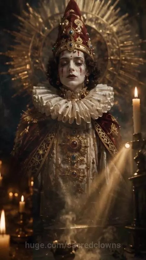 A solemn figure in a jeweled clown costume with a golden halo and floating candles in a grand hall.