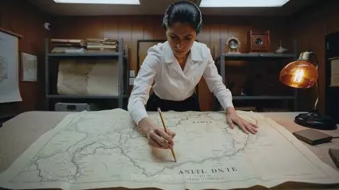 Nadia Osei traces a colonial-era map with a pencil, revealing faint pencil outlines under ink.