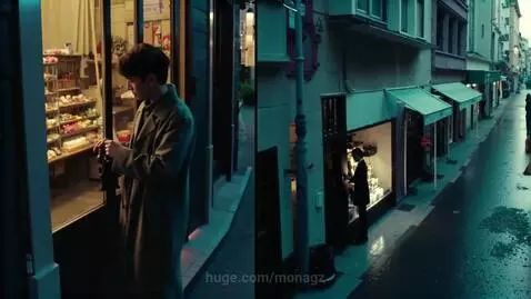 Split screen of Paris and Tokyo at dawn, showing shop doors opening on wet streets.