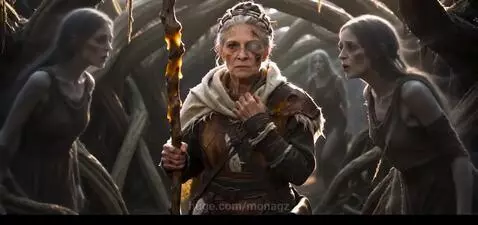An older woman with an eyepatch and scars holds a staff dripping golden honey, surrounded by distressed women.
