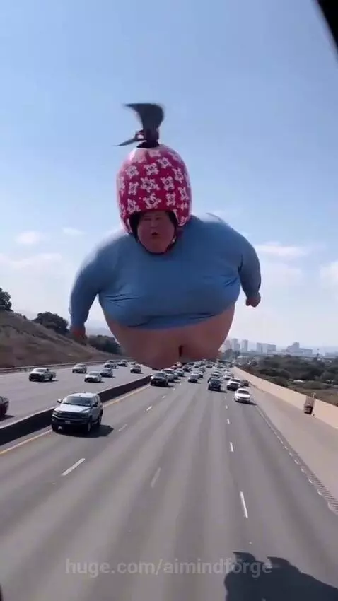 Digitally altered man with a pink floral rotor helmet flying low over a busy highway, causing cars to swerve.