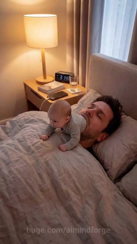 Baby crawling out of a sleeping man's mouth in a bedroom setting.