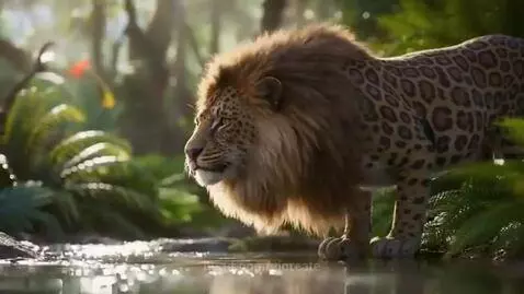 Ultra-realistic lion-leopard hybrid with mane and spotted fur drinking water from a river in a lush jungle.