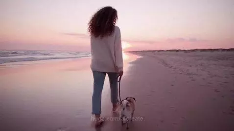 Woman walking a pug on a sandy beach at sunset with pink sky reflections on wet sand.