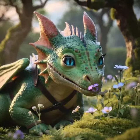 Animated green dragon with large blue eyes gently sniffing a purple wildflower in a mossy forest.