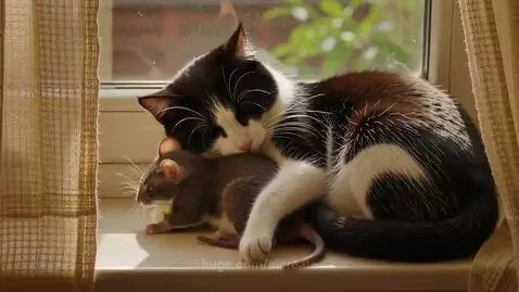 A black and white cat and a grey mouse sleeping peacefully cuddled together on a sunlit windowsill.