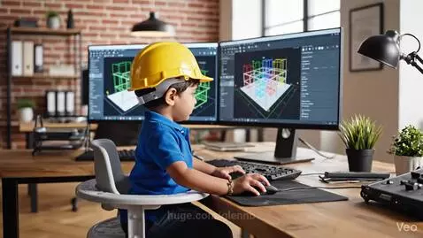 Toddler wearing a hard hat and polo shirt sits at a desk with computer monitors displaying CAD models, using a mouse and keyboard.