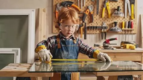 Young child wearing safety goggles and work gloves measures a piece of glass at a workbench.