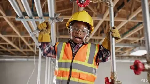 Young Black boy in hard hat and safety vest on construction site, holding a wrench, promoting skilled trades.