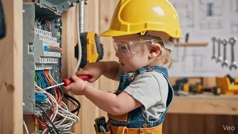 Toddler wearing a hard hat, safety goggles, and tool belt, holding a screwdriver and working on an electrical breaker box.