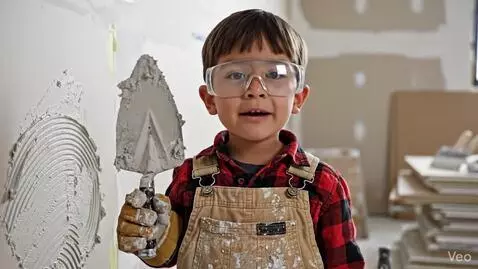 Young boy in overalls and safety goggles applying drywall mud to a wall with a trowel.