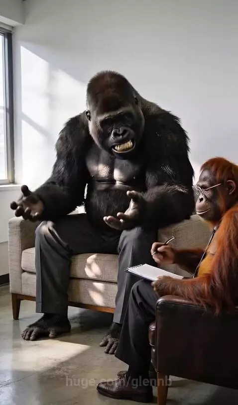 A gorilla sits on a couch in a therapist's office, looking stressed, while an orangutan therapist takes notes.