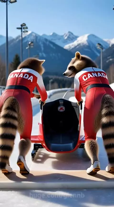 Two raccoons in Canadian bobsled suits push a bobsled on a snowy track with mountains in the background.