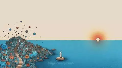 Animated serene landscape with a vibrant sunrise over a calm ocean, a figure on a rock, and a colorful island.