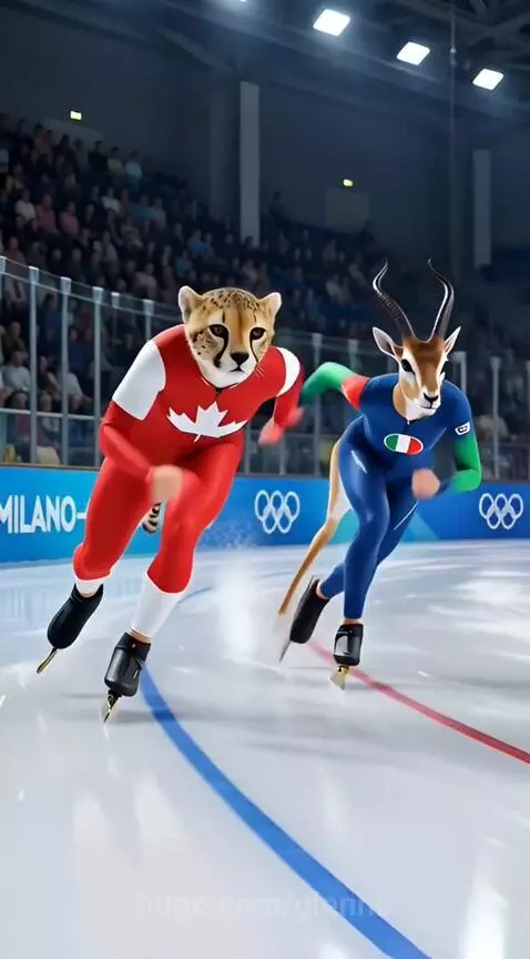Anthropomorphic cheetah and gazelle speed skating race on an ice rink, with cheering crowd and Olympic banners.