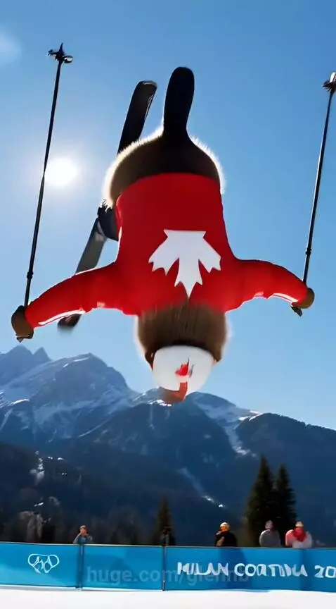 An anthropomorphic beaver in ski gear performing a jump on a snowy slope with mountains in the background.