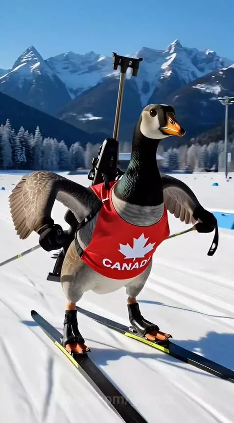 Canada Goose wearing a biathlon vest and rifle skis on a snowy mountain course.