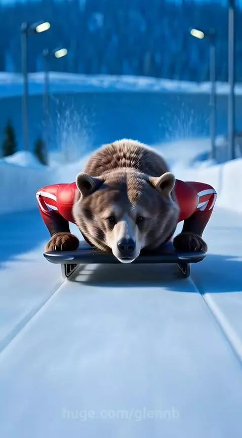 CGI Canadian brown bear wearing a skeleton suit with a maple leaf emblem racing down an icy track.