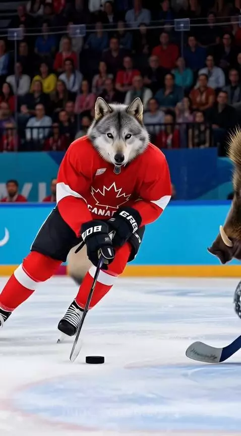 Team Canada wolf mascot in hockey gear skates and scores a goal against a boar goalie on an ice rink.