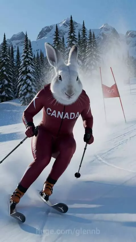 Anthropomorphic Canadian snowshoe hare in red ski suit skiing down a snowy slope with slalom gates.