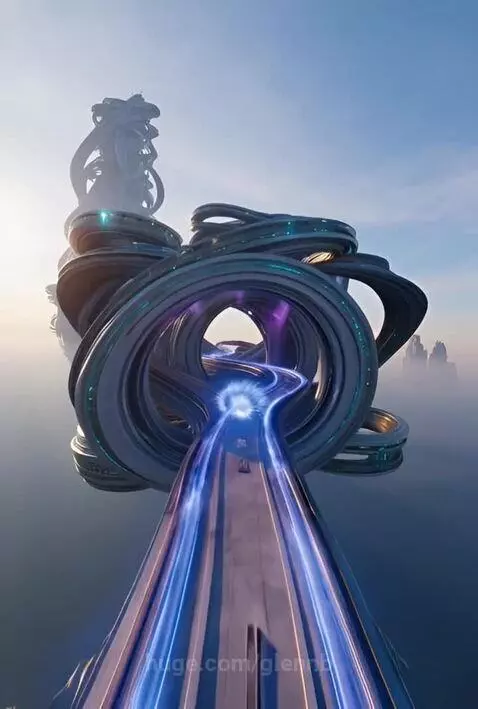 A fantastical alien landscape with glowing crystals, floating islands, and futuristic architecture under a sunset.