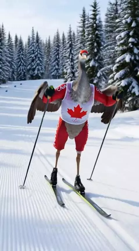 Animated Sandhill Crane wearing a Canadian Olympic cross-country ski uniform, skiing through a snowy forest.