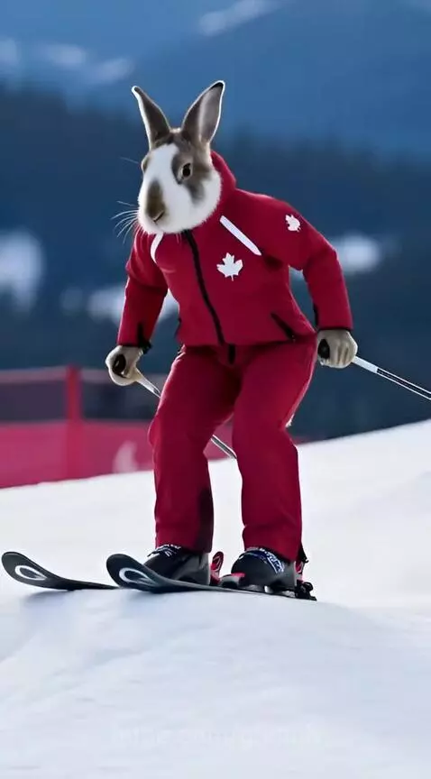 Canadian hare in a red ski suit with a maple leaf, skiing downhill and jumping on a snowy mountain.