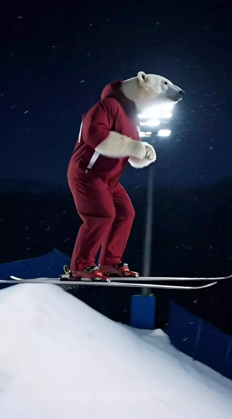 Canadian polar bear mascot in a red ski suit performing a ski jump at night with snow falling.