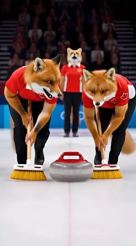 Anthropomorphic foxes in Canadian curling uniforms playing a curling match on ice.