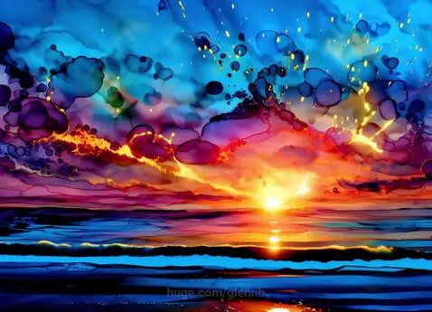 Animated alcohol ink painting of a vibrant sunset with deep blues, purples, pinks, and orange hues reflecting on a calm ocean.