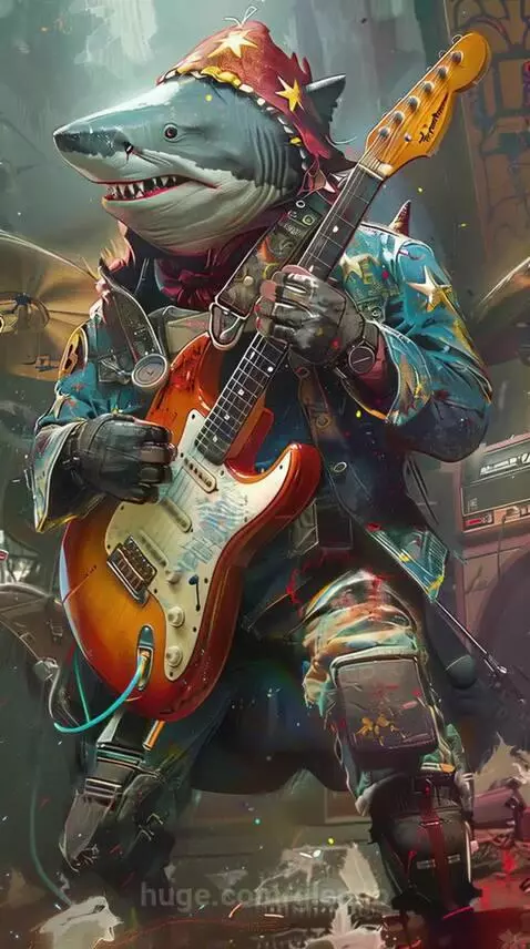 Anthropomorphic shark in a rockstar hat and jacket playing an electric guitar intensely.