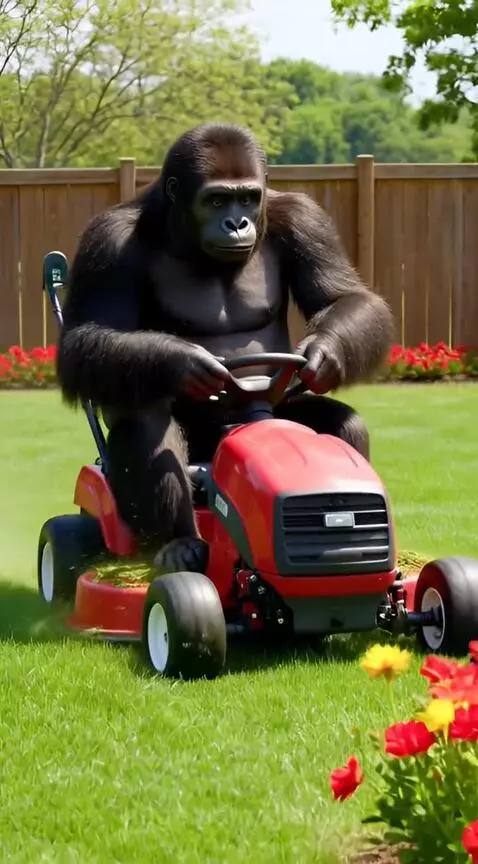 Gorilla on a red lawnmower driving through a flower bed, scattering petals.