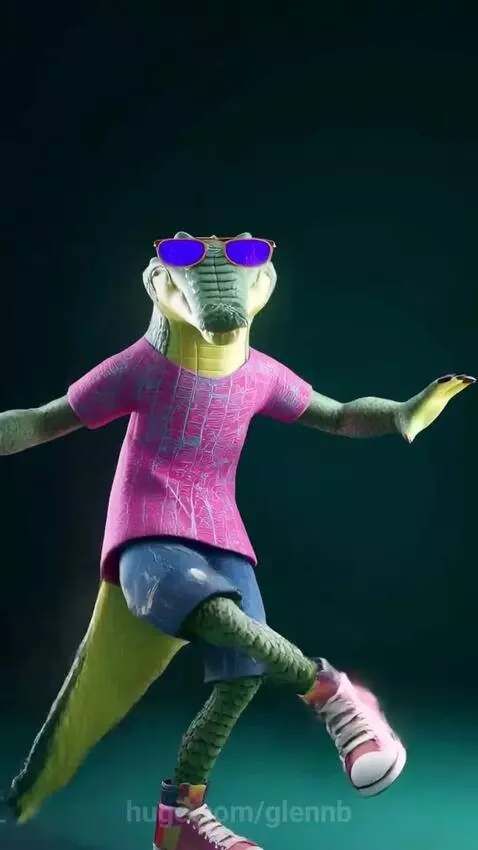 Animated alligator wearing sunglasses and a pink shirt dances energetically.