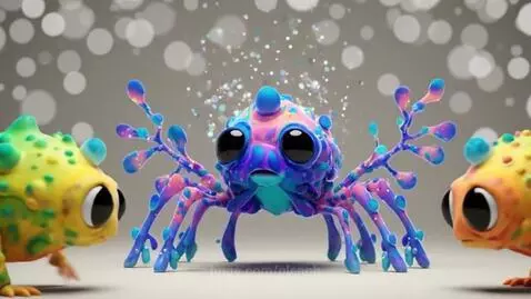 A multi-colored, crab-like creature with large eyes and branch-like appendages, surrounded by glowing orbs and bubbles, with two yellow and green creatures joining it.
