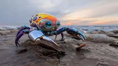 Animated robotic sea creatures, including a crab and frog-like robot, walking on a beach with ice and water.