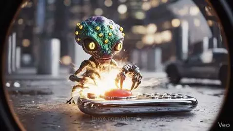 A small alien presses a red button, transforming into a giant, muscular monster towering over city skyscrapers.