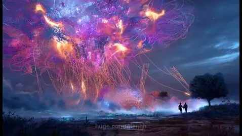 A colossal, glowing, organic-mechanical structure in a surreal sky at dusk, with tendrils of light descending towards silhouetted figures.