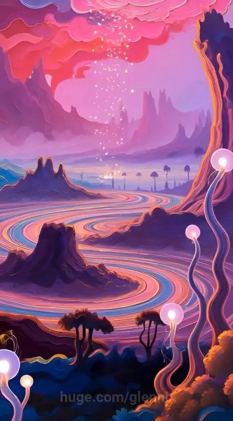 Surreal landscape painting with purple mountains, a colorful river, glowing mushroom plants, and a vibrant orange and blue sky.