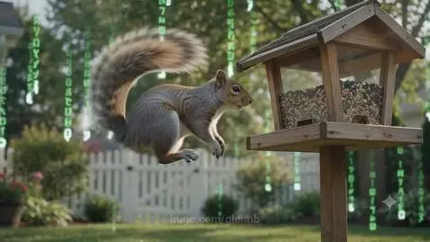 Squirrel in slow-motion performing an aerial flip with digital rain effect.