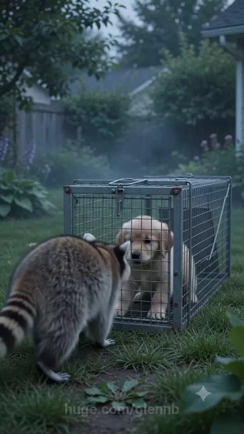 A raccoon unlatches a cage door, with a golden retriever puppy inside looking out.