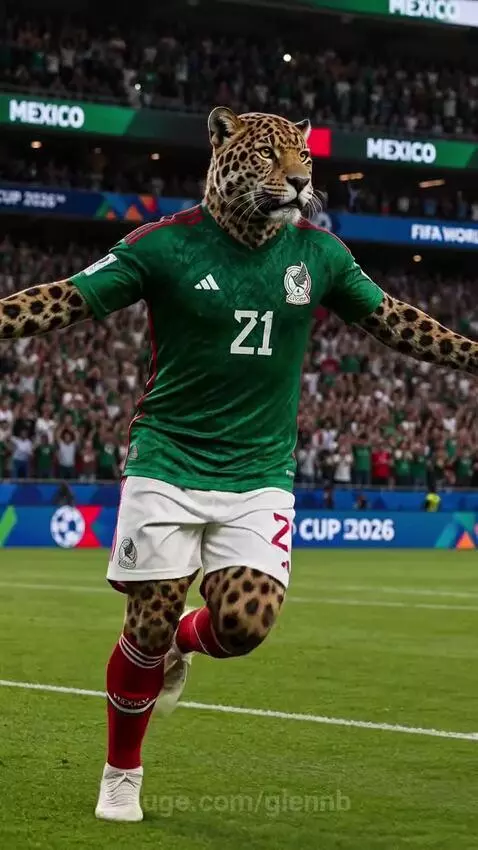 AI jaguar character in Mexico football jersey running and celebrating on a stadium field with fans and FIFA World Cup 2026 banners.