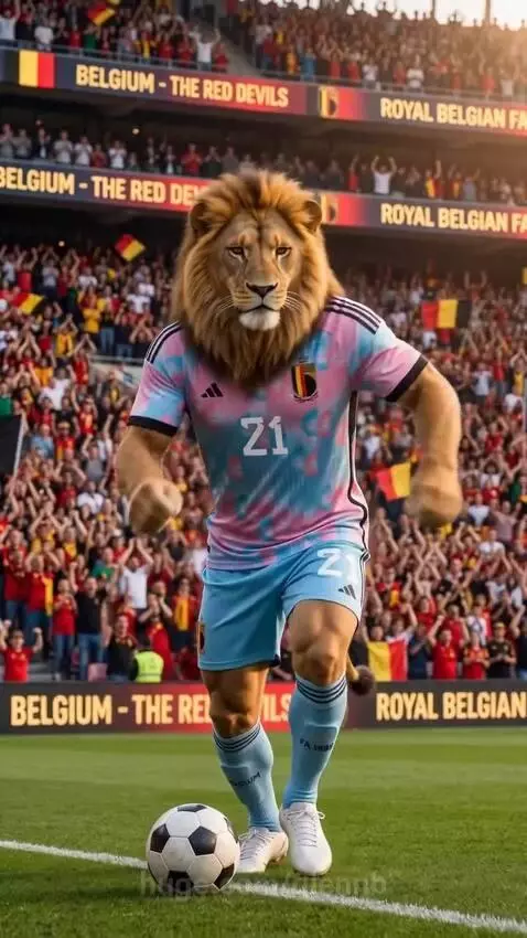 Lion wearing a Belgium soccer jersey and shorts kicking a soccer ball on a field, celebrating a goal.