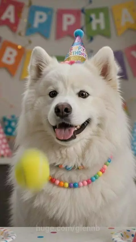 A happy Samoyed dog wearing a party hat and necklace, surrounded by hundreds of yellow tennis balls.