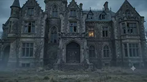 Exterior of a foggy, abandoned gothic mansion with ornate doors opening to reveal a dark interior.