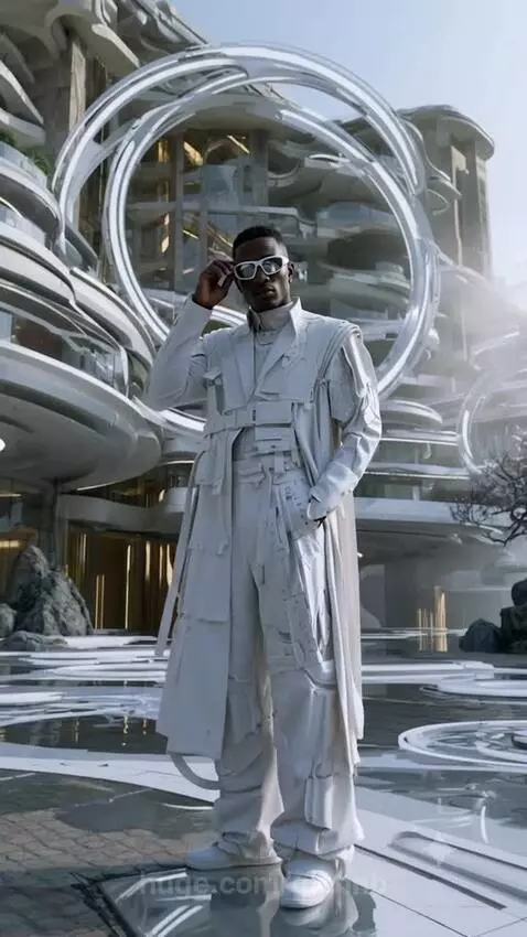 Man in a futuristic white layered coat and sunglasses poses in a modern city with curvilinear white buildings.