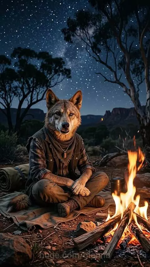 Anthropomorphic wolf in plaid sitting by a campfire telling a joke under a starry night sky.