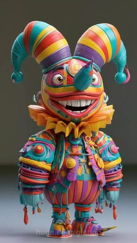 Cartoon jester with bells on hat, smiling, with vibrant colors and textures, against a simple background.
