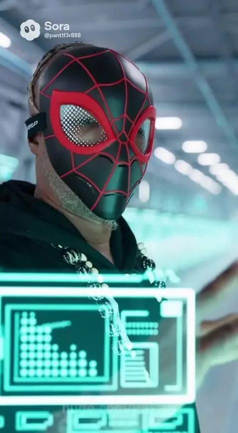 Woman in a green coat in a glowing futuristic chamber, followed by a Spider-Man mask interacting with a hologram.