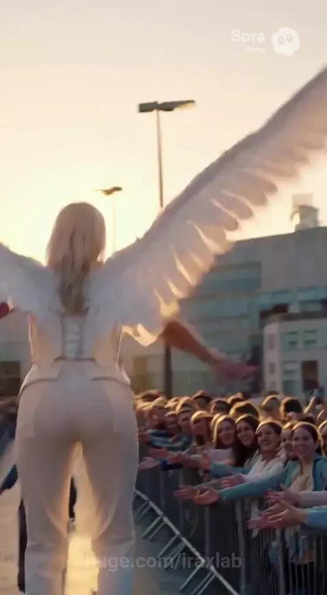 Woman with large white angel wings high-fiving a crowd at an outdoor festival.