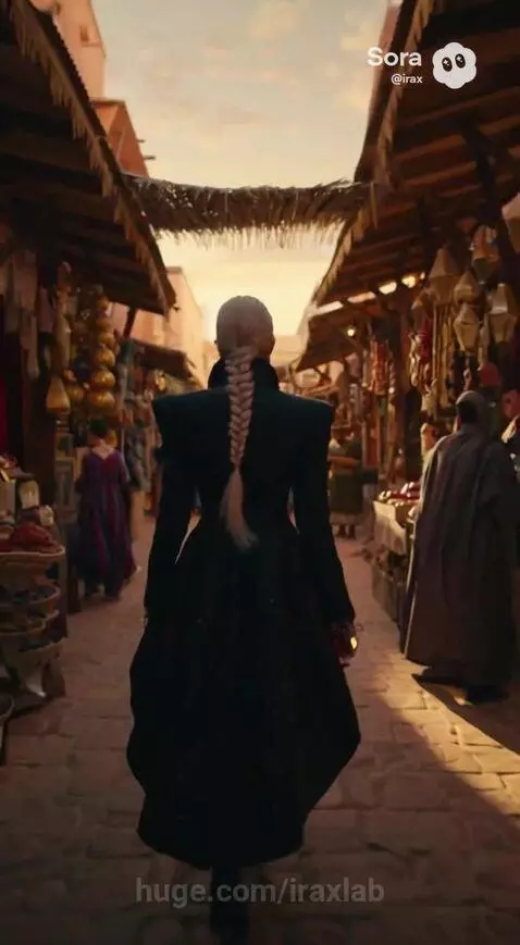 Woman with blonde braid in a black coat with embroidery in a Moroccan desert and market setting.